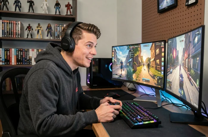 Joueur adulte concentré à son bureau gaming équipé de double écran et clavier mécanique RGB, illustrant les tendances actuelles du jeu vidéo