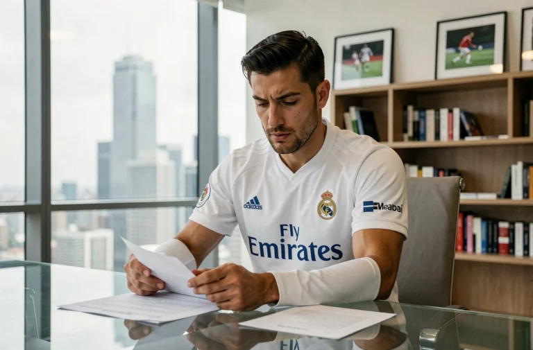Joueur du Real Madrid en tenue blanche examinant un contrat dans une salle de réunion moderne