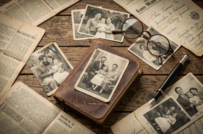 Journal ancien, photographies de famille en noir et blanc et lettres jaunies sur un bureau en chêne évoquant le mystère autour de Michel Lafon