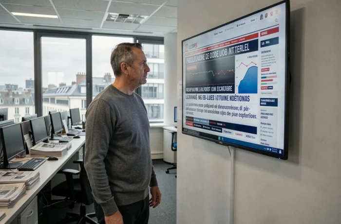 Journaliste français analysant des titres d'actualité dans une salle de rédaction moderne