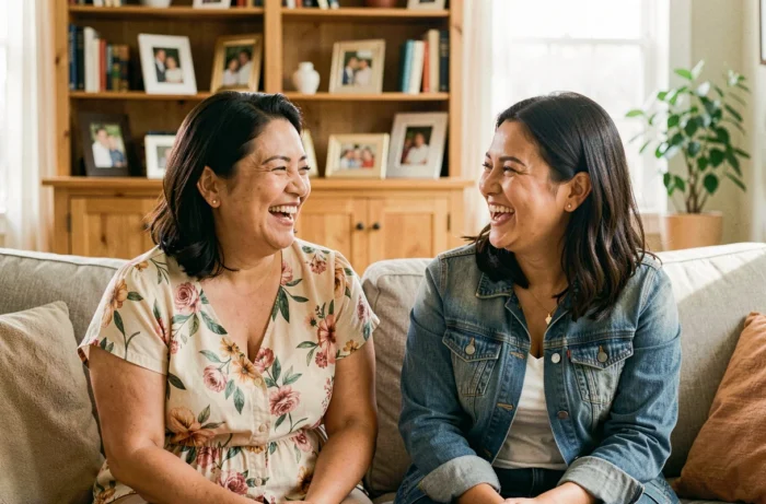Deux femmes d'origine latine partageant un moment complice en famille dans un salon chaleureux