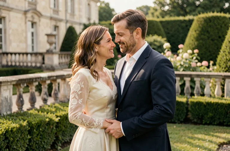 Couple élégant célébrant leur mariage dans un jardin de château français, robe en soie ivoire et costume marine