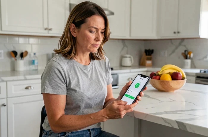 Mère consultant les paramètres de contrôle parental Family Link sur son smartphone dans la cuisine