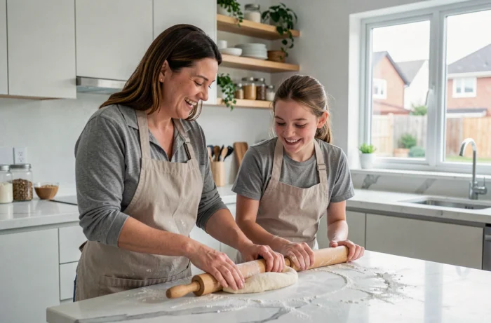 Mère et fille adolescente préparant une recette ensemble dans une cuisine moderne
