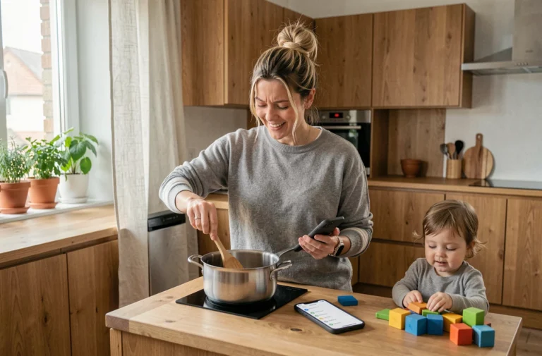 Mère moderne multitâche dans une cuisine scandinave, consultant son téléphone tout en cuisinant avec son enfant en bas âge jouant près d'elle