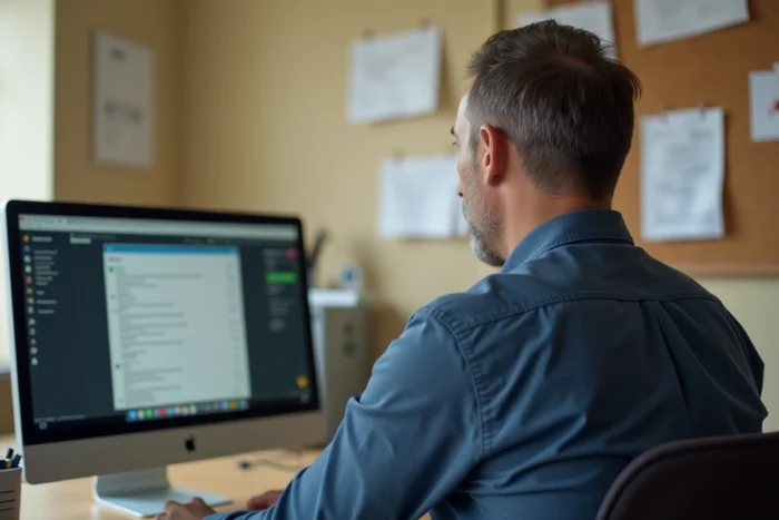 Enseignant consultant sa messagerie Zimbra académique de Nantes sur un ordinateur de bureau dans un bureau scolaire