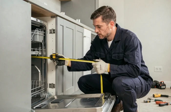 Installateur mesurant la distance entre un four encastré et un lave-vaisselle lors de la pose d'une cuisine