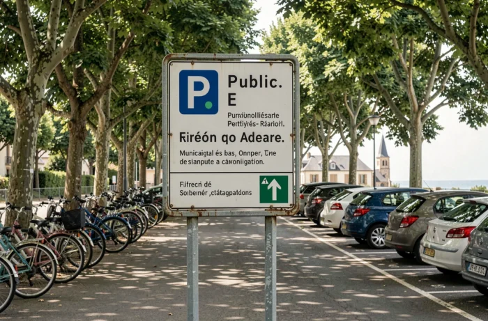 Panneau de signalisation d'un parking gratuit municipal à Arcachon sous des arbres en zone urbaine