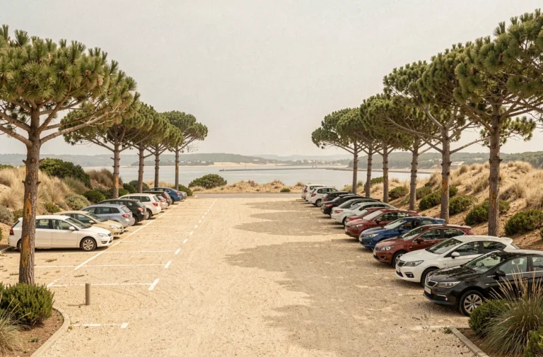 Parking gratuit en extérieur près du bassin d'Arcachon entouré de pins maritimes et de végétation dunaire