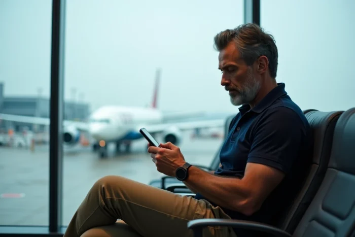 Passager vérifiant son vol TUI fly sur smartphone dans la salle d'attente du terminal d'Orly