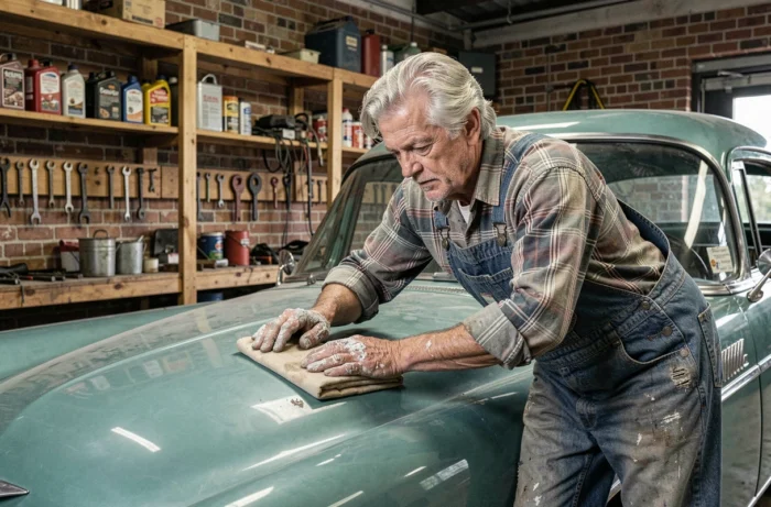 Homme passionné de voitures anciennes restaurant une automobile américaine des années 50 dans un atelier de garage vintage