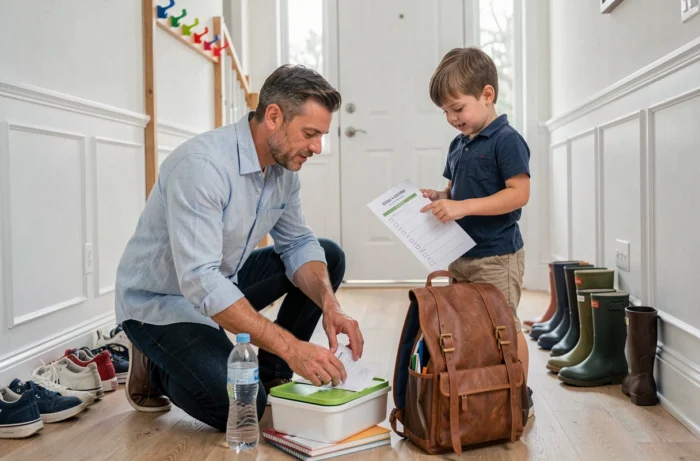 Père aidant son fils à préparer son sac d'école dans un couloir d'entrée moderne, illustrant une astuce d'organisation familiale quotidienne