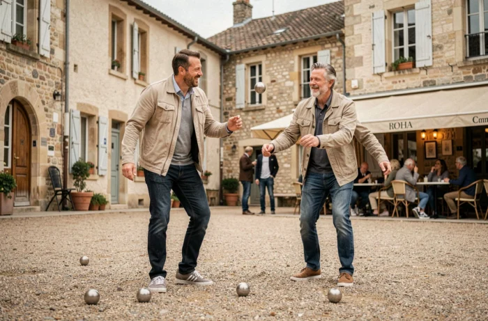 Deux hommes jouant à la pétanque sur une place de village à Cholet avec des habitants attablés en terrasse en arrière-plan