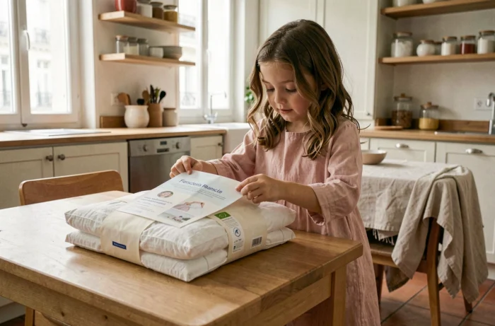 Petite fille qui découvre un ensemble de linge de lit bio pour enfant dans un appartement parisien lumineux
