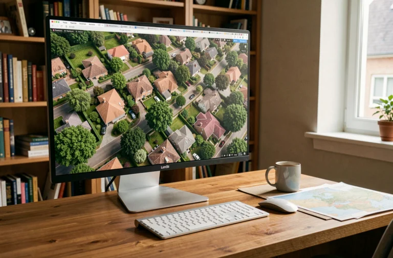 Écran d'ordinateur affichant une photo aérienne par satellite d'un quartier résidentiel avec maisons et jardins visibles du ciel