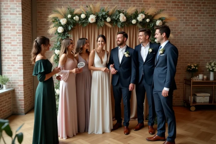 Groupe d'invités s'amusant dans un photobooth fleuri lors d'un mariage en intérieur élégant