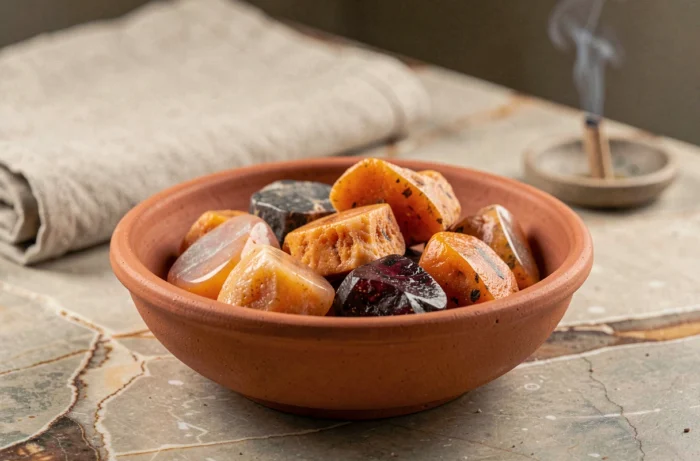 Pierre oranges brutes dont opale de feu et grenat hessonite dans un bol en céramique terracotta sur comptoir en pierre