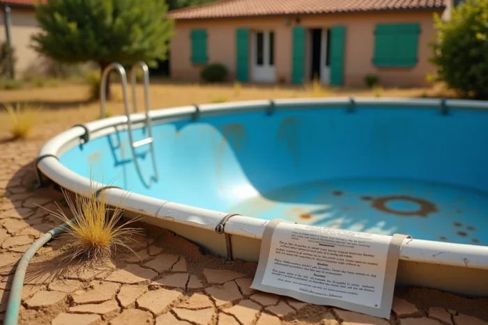 Piscine résidentielle vide dans un jardin desséché avec arrêté municipal affiché pendant une restriction d'eau estivale