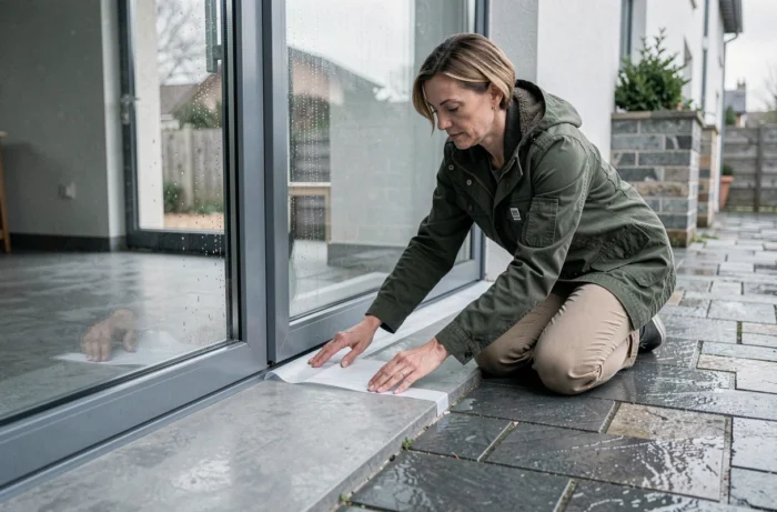 Femme posant un joint d'étanchéité autocollant contre le bas d'une porte-fenêtre en aluminium pour protéger de la pluie