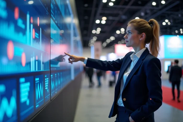Professionnelle du marketing présentant un écran LED géant lors d'un salon professionnel
