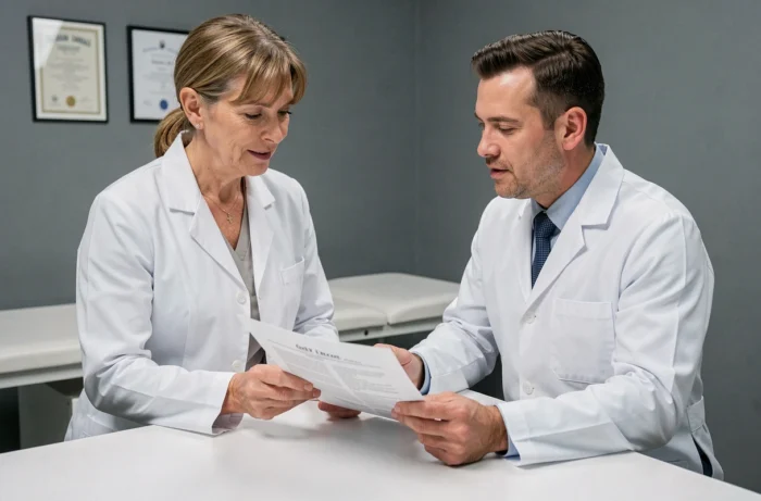 Deux professionnels de santé en blouse blanche discutant d'un rapport médical dans un cabinet moderne, représentant les dernières avancées en soins de santé