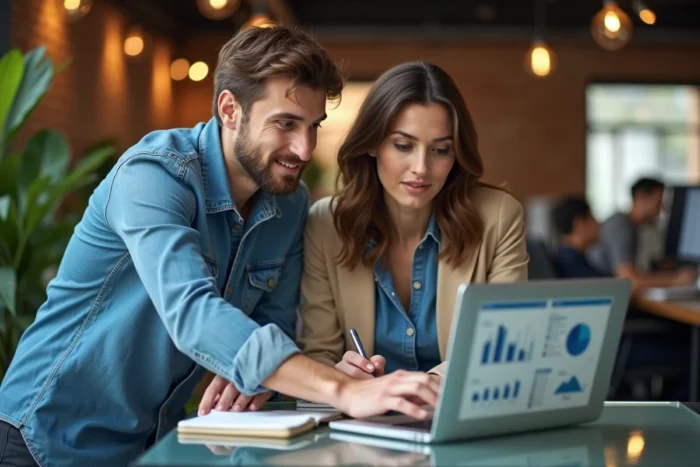 Deux jeunes professionnels discutant de tendances informatiques autour d'un laptop dans un espace de coworking