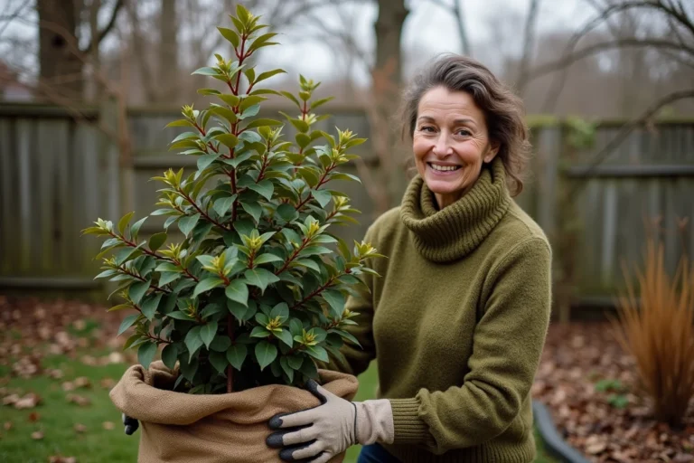 Femme enveloppant un bougainvillier dans de la toile de jute pour le protéger du gel en automne