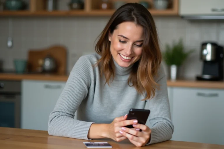 Femme rechargeant son forfait Réglo Mobile avec une carte bancaire sur son smartphone dans une cuisine moderne