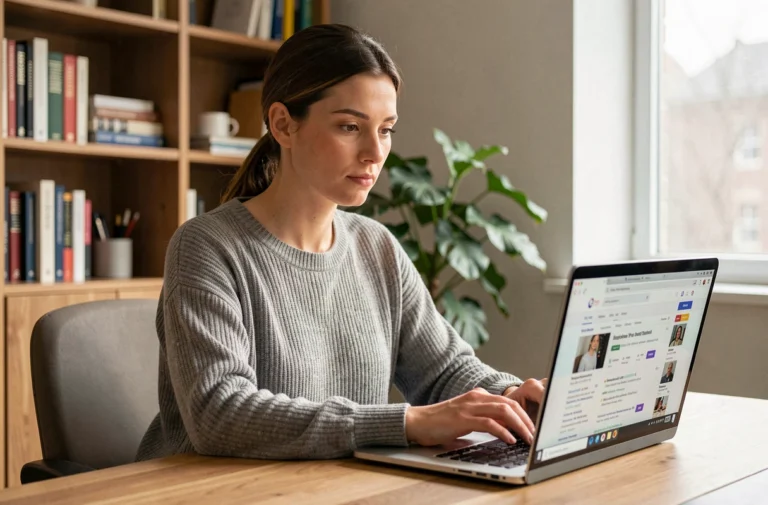 Femme cherchant une adresse par nom sur un ordinateur portable dans un bureau à domicile