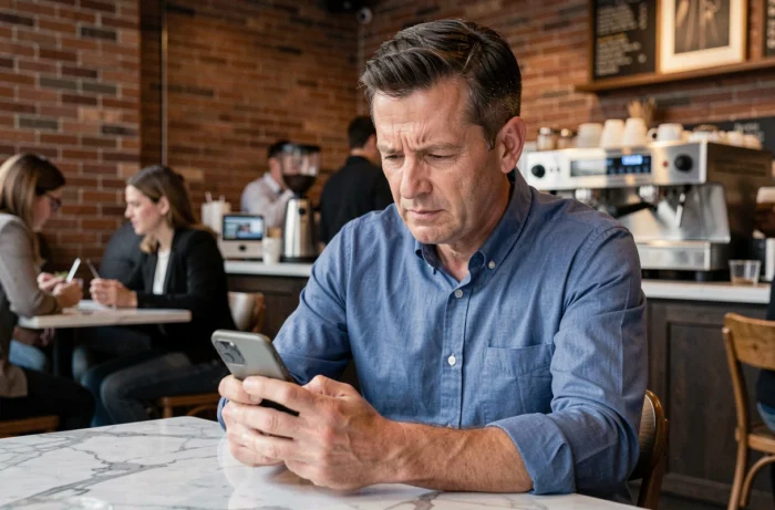 Homme utilisant un smartphone dans un café pour rechercher l'adresse d'une personne par son nom