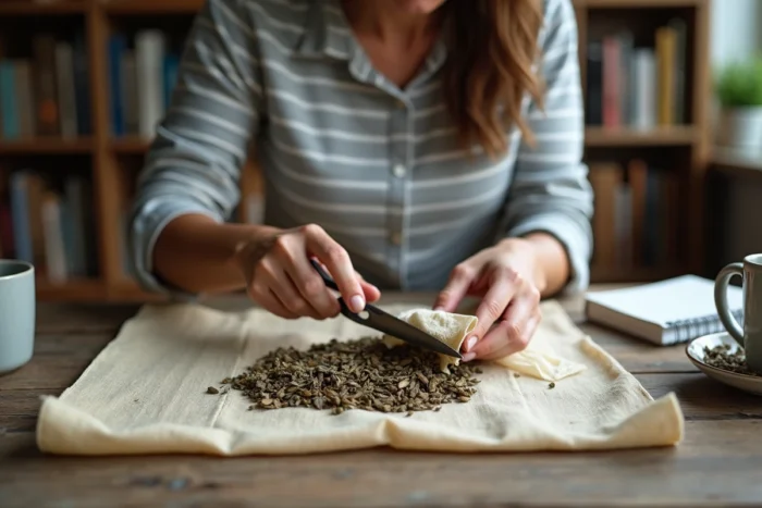 Femme récupérant les feuilles de thé usagées d'un sachet pour les réutiliser dans un cadre zéro déchet à la maison