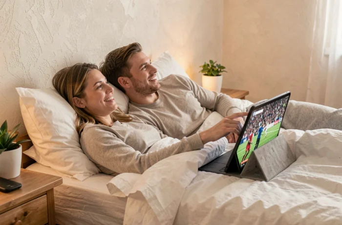 Deux personnes regardant une émission en direct sur tablette dans une chambre cosy