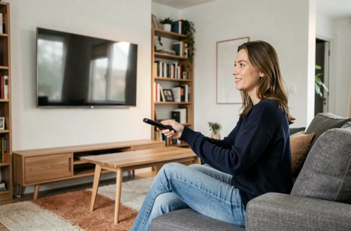 Femme regardant la télévision en direct sur un écran connecté dans un salon moderne
