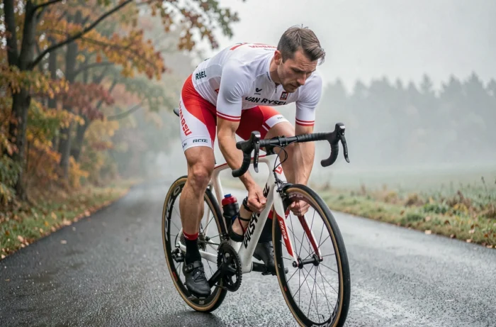 Cycliste ajustant le réglage de la selle du Van Rysel RCR Pro sur une route de campagne au petit matin