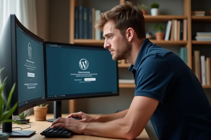 Homme en polo marine résolvant une erreur de connexion logicielle sur un double écran dans un bureau à domicile
