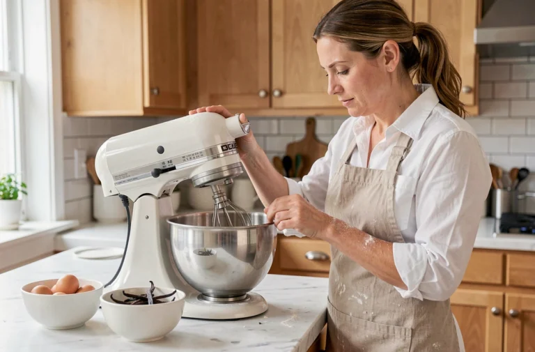 Cheffe pâtissière utilisant un robot pâtissier sur un plan de travail en marbre dans une cuisine moderne