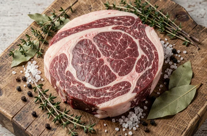 Rond de veine cru sur billot en bois avec herbes aromatiques et épices pour une recette de cuisine française