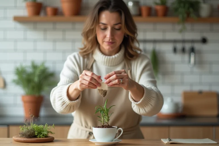 Femme utilisant un sachet de thé usagé pour fertiliser une plante en pot dans une cuisine Scandinave en bois