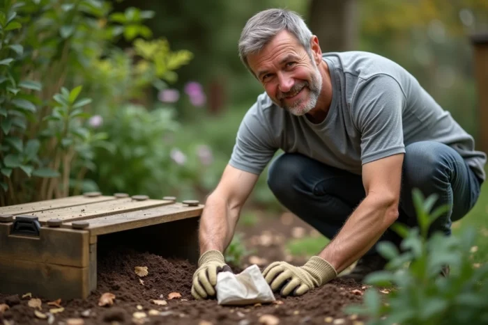 Homme déposant des sachets de thé usagés dans un bac à compost dans un jardin écologique