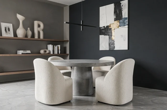 Salle à manger moderne avec table en béton, chaises en bouclé crème et mur anthracite orné d'une toile abstraite pour un intérieur tendance