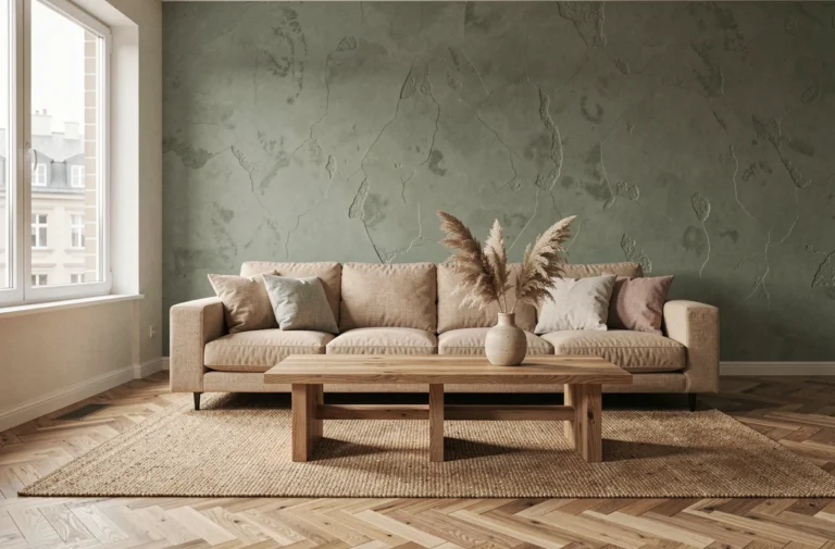Salon minimaliste scandinave avec canapé en lin, table basse en chêne brut et mur en plâtre vert sauge pour une décoration moderne et épurée