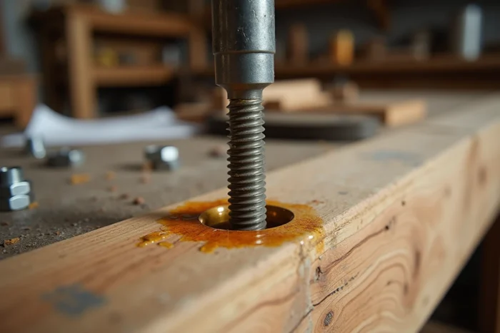 Gros plan sur une tige filetée scellée chimiquement dans une poutre en bois avec résine époxy durcie