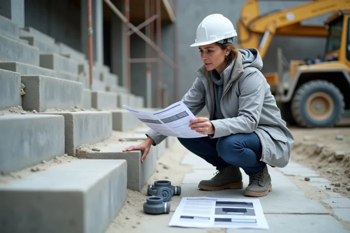 Chef de chantier consultant un guide de compatibilité pour scellement chimique sur pierre lors d'une rénovation
