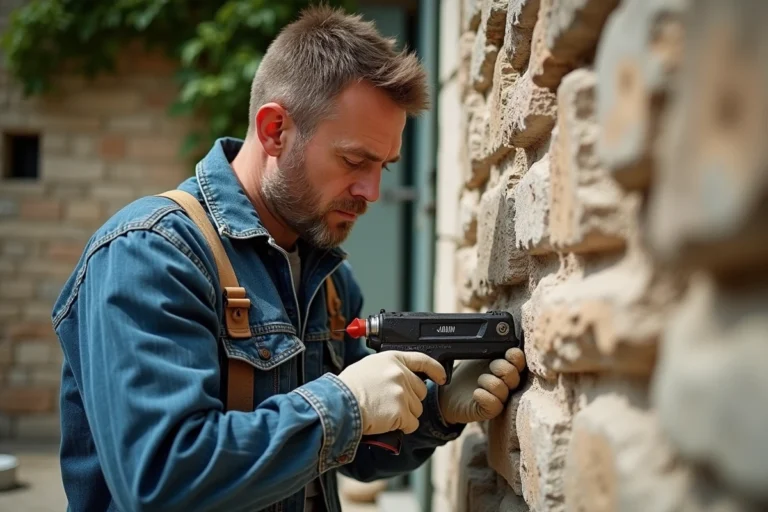 Artisan utilisant un pistolet d'injection pour scellement chimique dans un mur en pierre naturelle