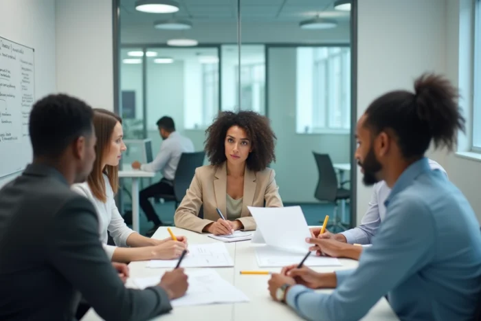 Groupe de candidats lors d'une session collective de test de recrutement Amazon pour des postes de préparateur de commande