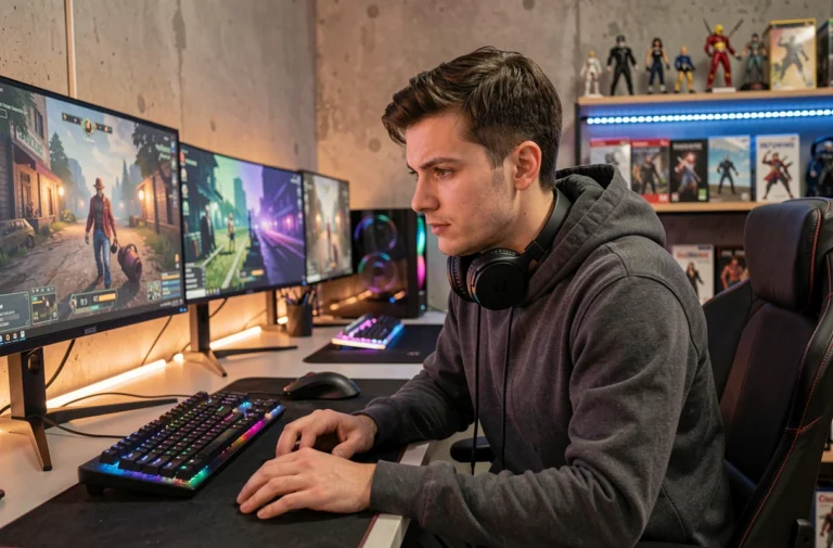 Jeune homme passionné de gaming assis devant un setup PC avec claviers mécaniques, écrans et périphériques RGB dans une ambiance geek moderne