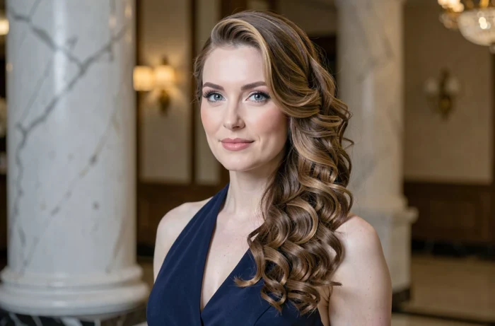 Femme aux cheveux bouclés coiffée d'un side-sweep hollywoodien élégant pour un mariage