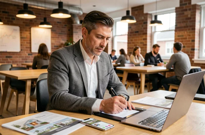 Homme signant électroniquement un document immobilier dans un espace de coworking