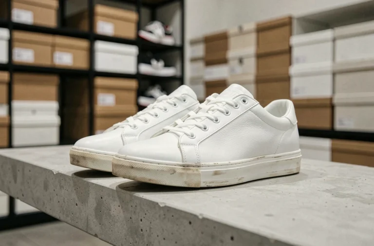 Paire de sneakers blanches en cuir exposée sur une étagère en béton dans une boutique de chaussures tendance