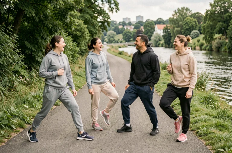 Groupe d'adultes en tenue de sport se retrouvant pour une sortie running au bord d'un chemin verdoyant à Cholet